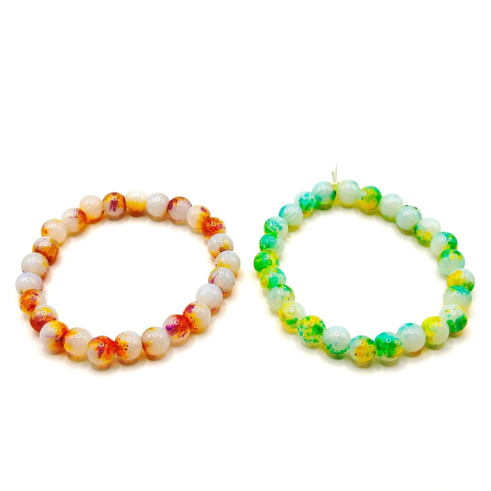 Beaded Stretch Bracelet Set Green Orange White Marble Round Beads Jewelry Gift